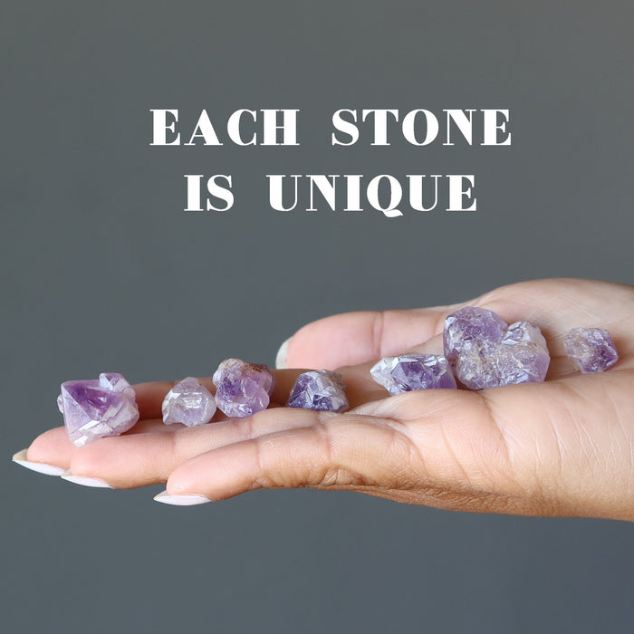 displaying unique shape of 10-30mm Purple Raw Amethyst Double Terminated Set on model palm