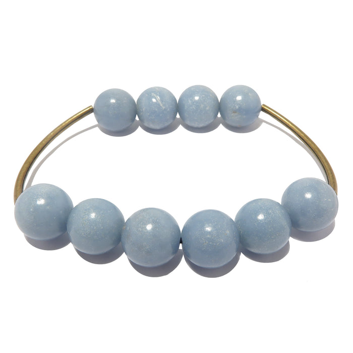 round blue angelite and antique curved metal stretch bracelet