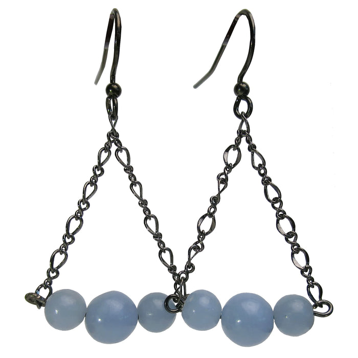 round angelite beaded on wires hanging from gunmetal chains on gunmetal earrings