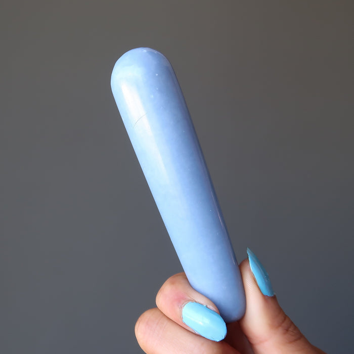 hand holding blue angelite tapered massage wand