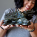 lydia of satin crystals holding a big labradorite dragon turtle carving 