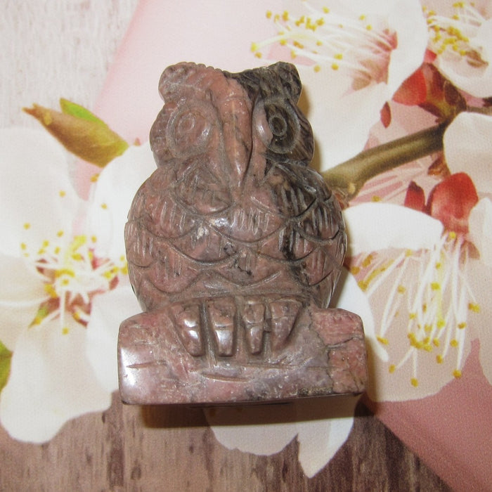 Rhodonite Owl Figurine Pink Messenger of Love Gemstone