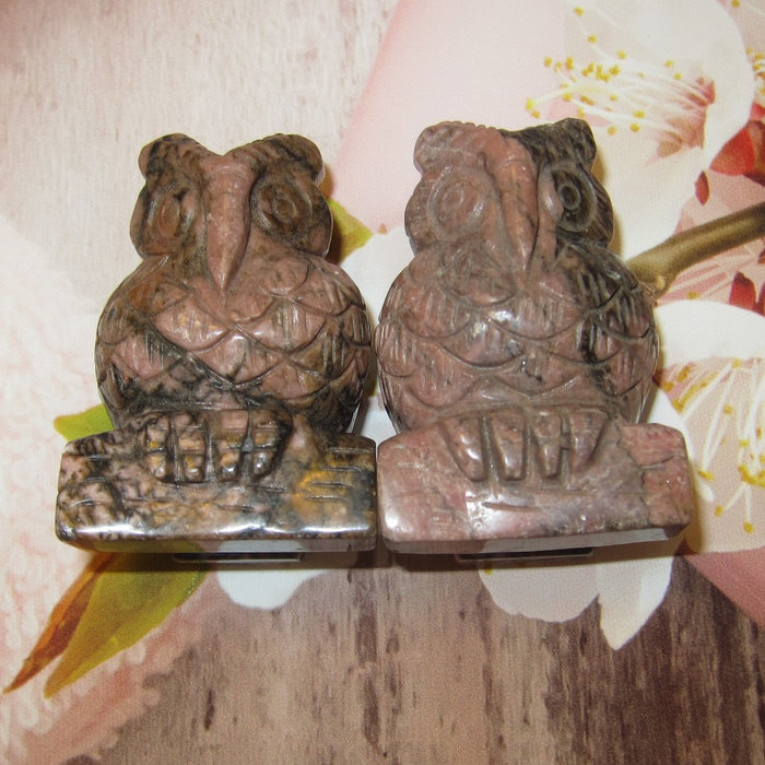 two Rhodonite Owls standing with flowers on the background 
