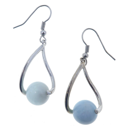 blue aquamarine round beads on curved silver earrings