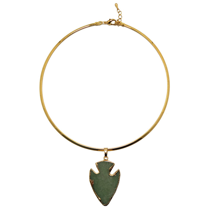 green aventurine arrowhead pendant on gold choker necklace
