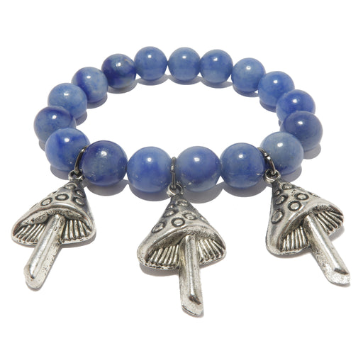 blue aventurine beaded stretch bracelet featuring silver mushroom charms