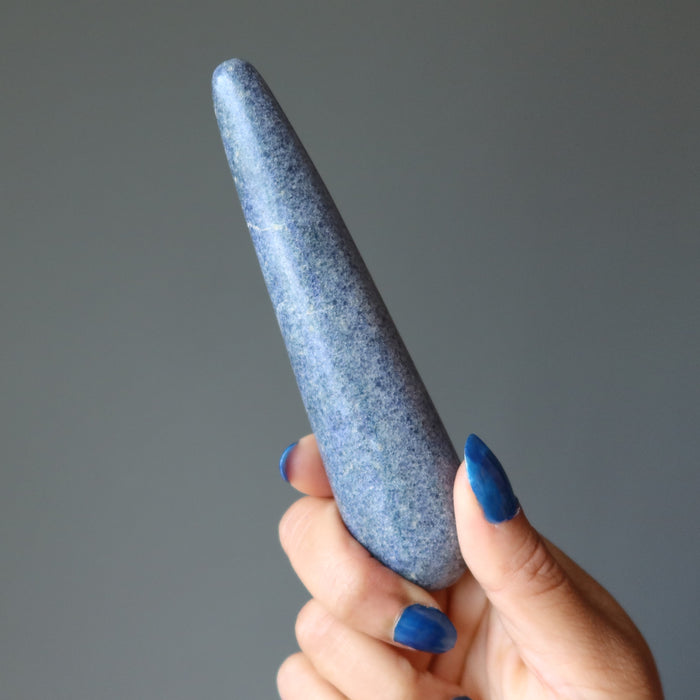hand holding blue aventurine tapered massage wand