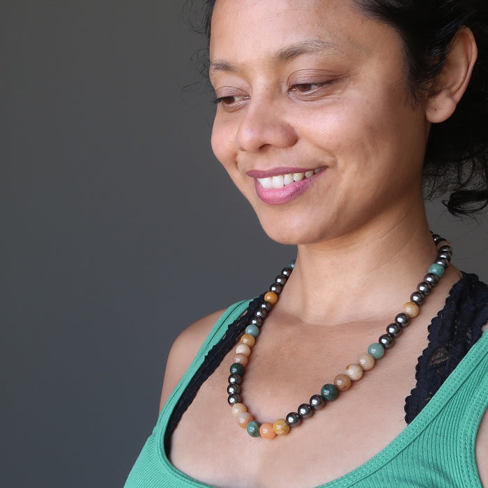 sheila of satin crystals wearing an aventurine medley necklace