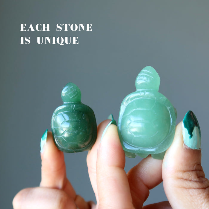 holding two different size Green Aventurine Turtles