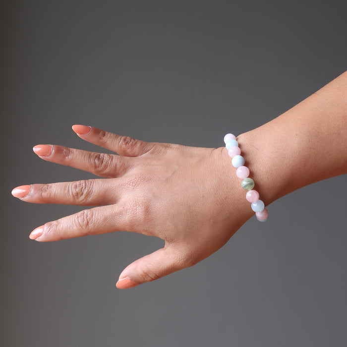 woman's hand modeling multicolored beryl beaded stretch bracelet