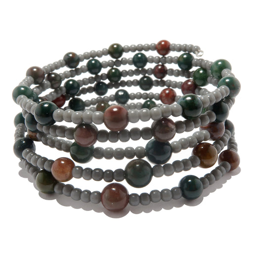 5 coil memory wire bracelet beaded with indian bloodstone and gray plastic beads