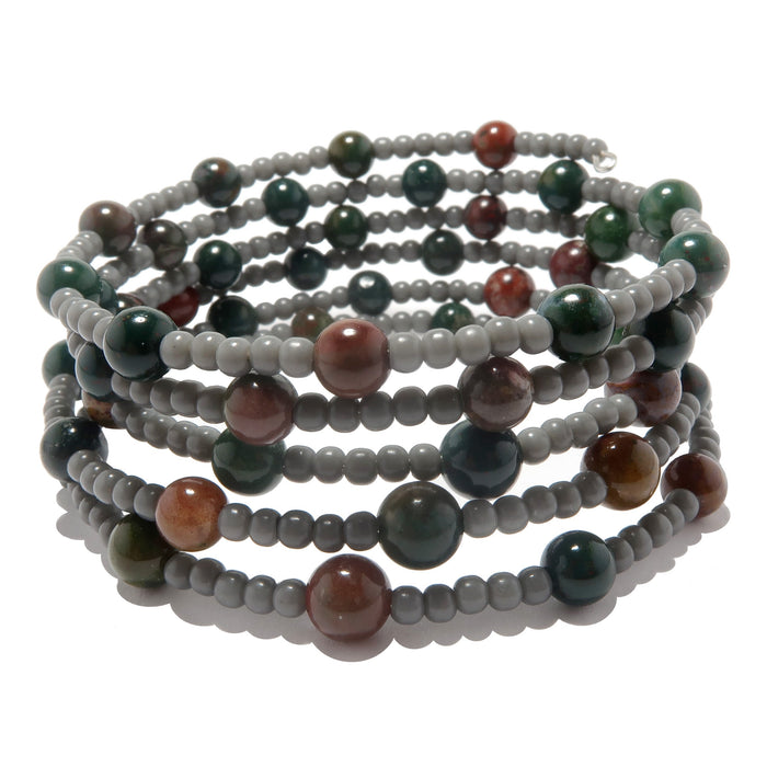 5 coil memory wire bracelet beaded with indian bloodstone and gray plastic beads
