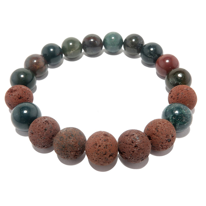 red lava and indian bloodstone round beaded stretch bracelet