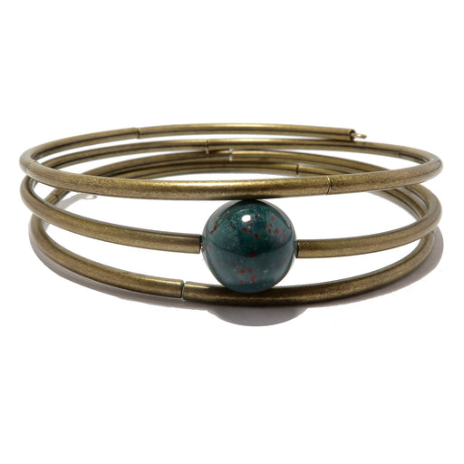 round indian bloodstone bead with antique curve metal beads on 3 layers of memory wire bracelet