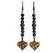 brown wood heart shaped world map charms on dark green bloodstone beaded earrings and antiqued steel earwire