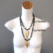 gold arrowhead bloodstone beaded necklace on model showing 17 inches and 23 inches
