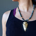 sheila of satin crystals wearing gold arrowhead bloodstone beaded necklace