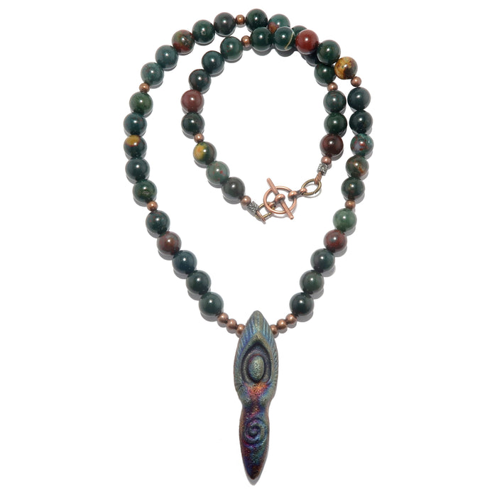 green, red, yellow bloodstone rounds strung with raku goddess pendant on beaded necklace