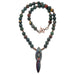 green, red, yellow bloodstone rounds strung with raku goddess pendant on beaded necklace
