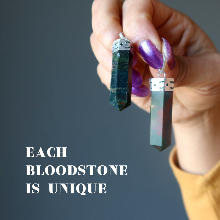 hand holding two red and green bloodstone point pendant in silver 