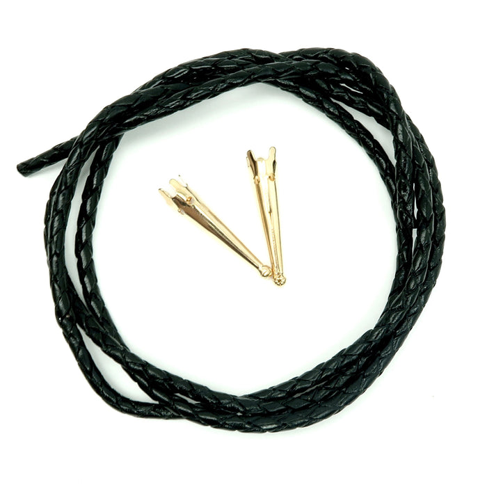Bolo Cord Black Braided Leather Gold with Bola Tips Western Tie Set