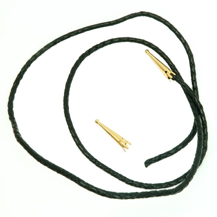 Bolo Cord Black Braided Leather and Gold Bola Tips Western Tie Set