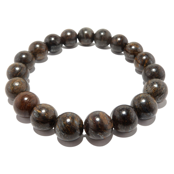 round bronzite beads with a brown, golden, bronze luster on a stretch bracelet