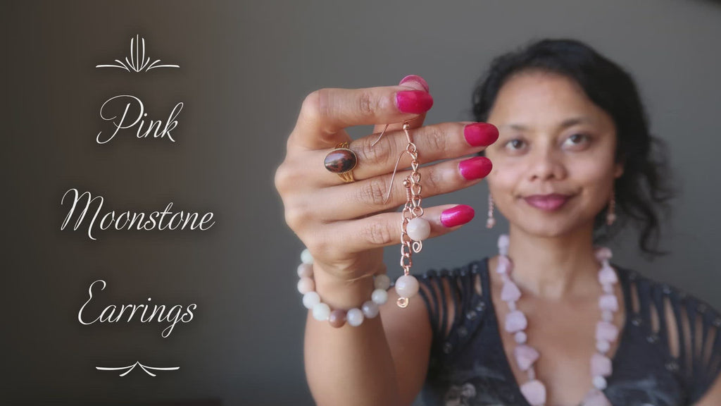 video about pink moonstone copper chain earrings