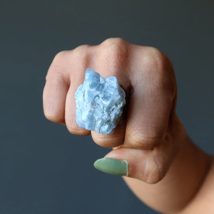 Blue Calcite Ring Big Brave Calm Crystal Adjustable Bronze