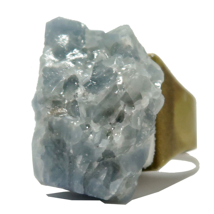 Blue Calcite Ring Big Brave Calm Crystal Adjustable Bronze