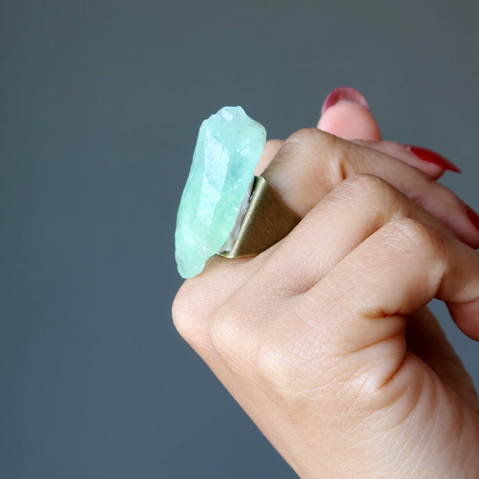 Green Calcite Ring Rock Candy Raw Crystal Adjustable Bronze
