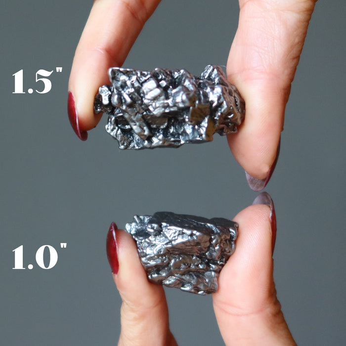 holding two differen sizes of Campo Del Cielo Meteorite