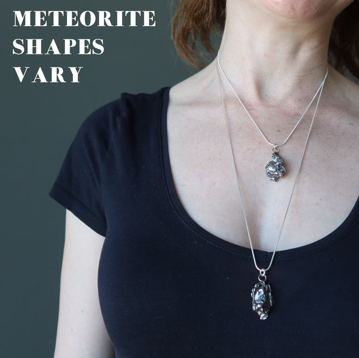 female model wearing cielo del campo sterling silver necklaces to show meteorite shapes vary