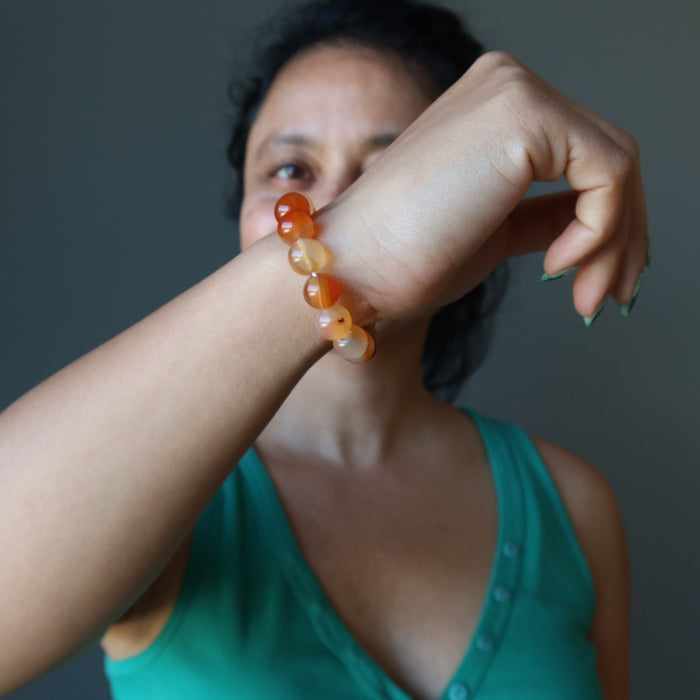 sheila of satin crystals wearing a carnelian bracelet