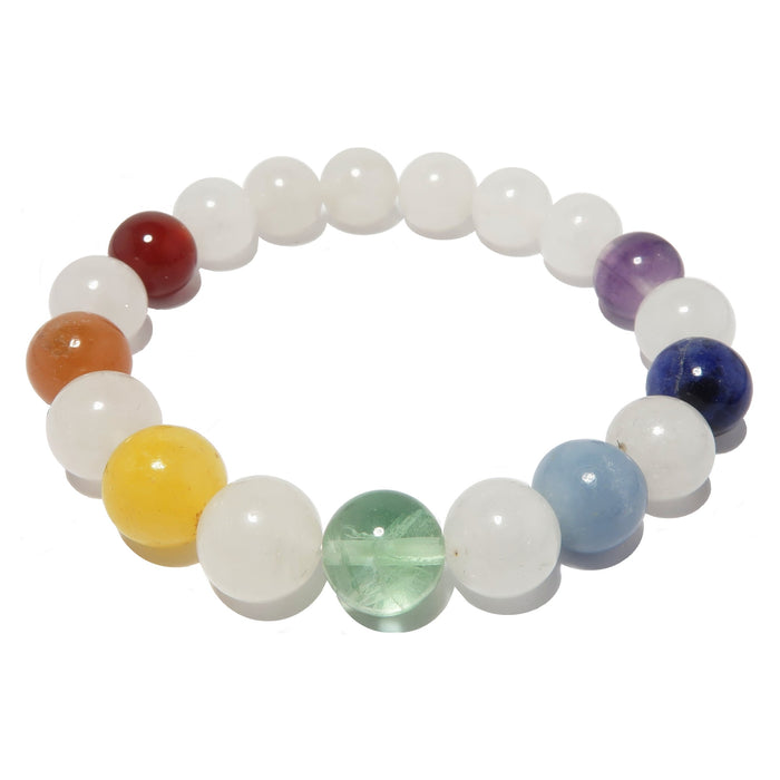  white snow quartz and natural rainbow chakra stone stretch bracelet beaded with genuine round gemstones