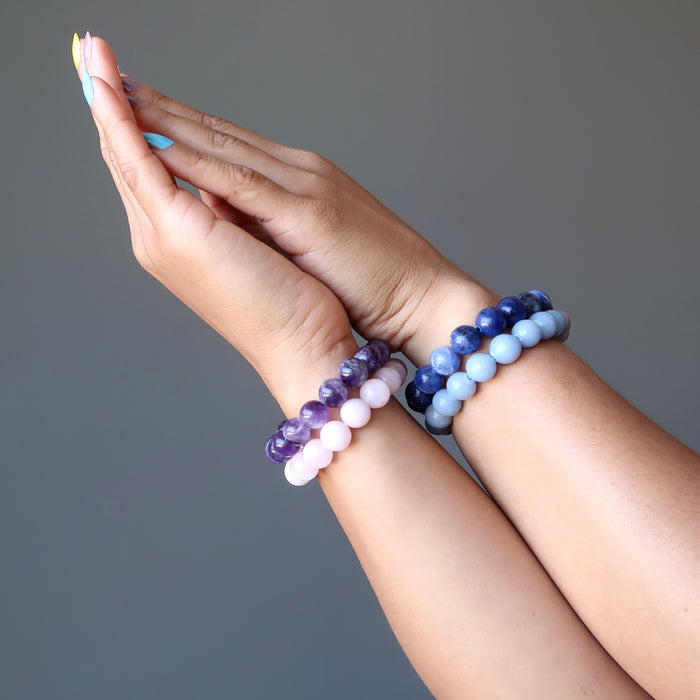upper chakra bracelet set including purple amethyst, blue sodalite, light blue angelite, pink rose quartz