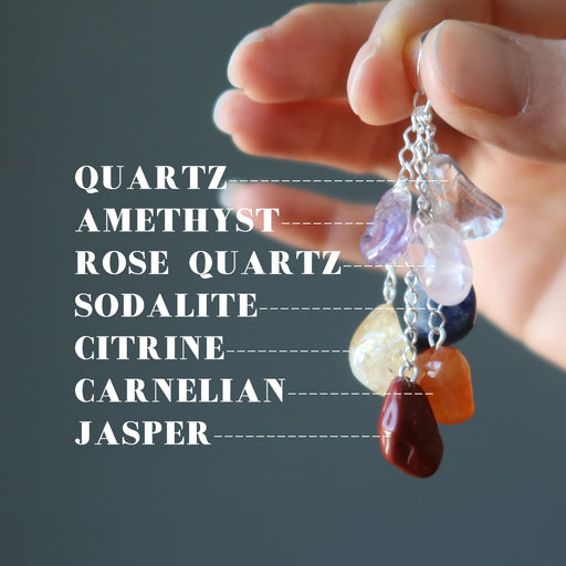 showing quartz amethyst rose-quartz sodalite citrine carmeline jasper tumbled stone pendant