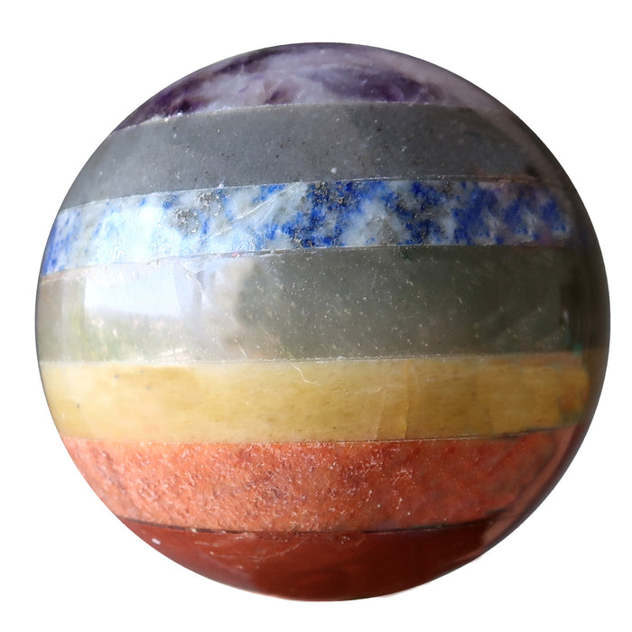 chakra sphere layered with purple amethyst, blue aventurine, blue lapis, green aventurine, yellow citrine, orange moonstone, red jasper