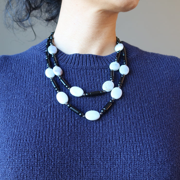 a model wearing two strand Chalcedony Obsidian Necklace