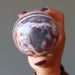 hand holding Blue Red Chalcedony Sphere