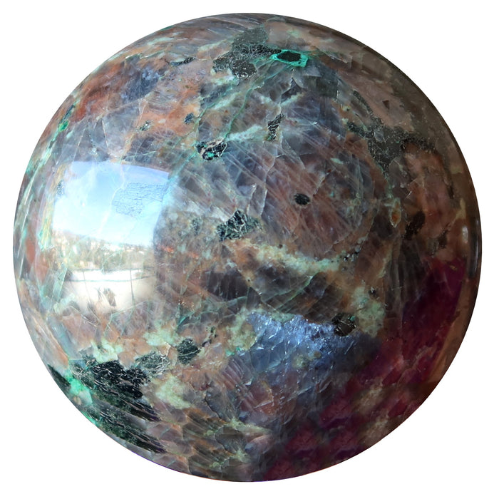 black and silver chalcocite sphere with mica, chrysocolla and feldspar inclusions