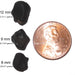 Three black chelyabinsk meteorites labelled by size 8 9 or 12 millimeter options and featured next to a penny