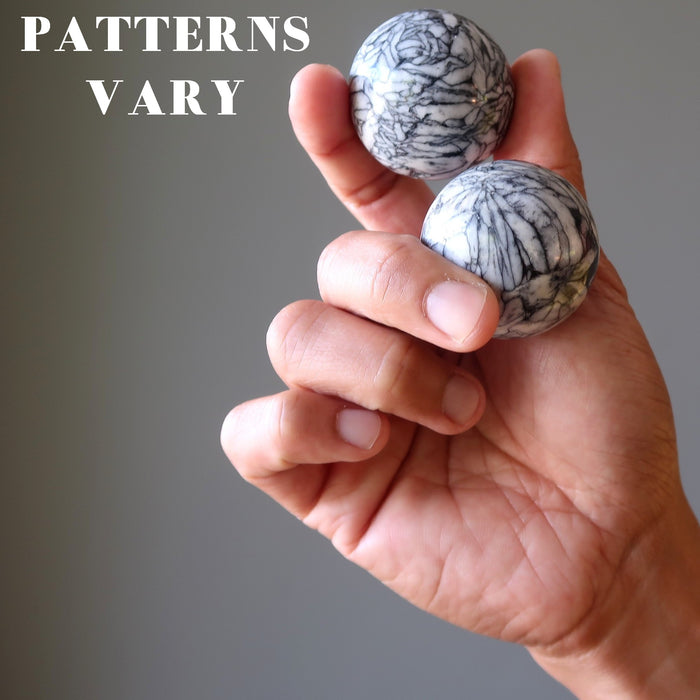 hand holding two chrysanthemum stone spheres to show varying patterns