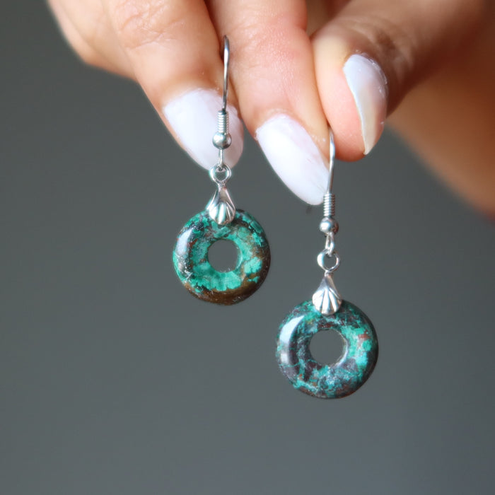 sheila of Satin Crystals wearing blue Chrysocolla donut Earrings 