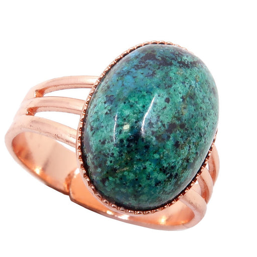 blue-green and black chrysocolla oval in copper ring