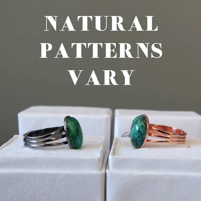 two chrysocolla rings showing natural patterns vary