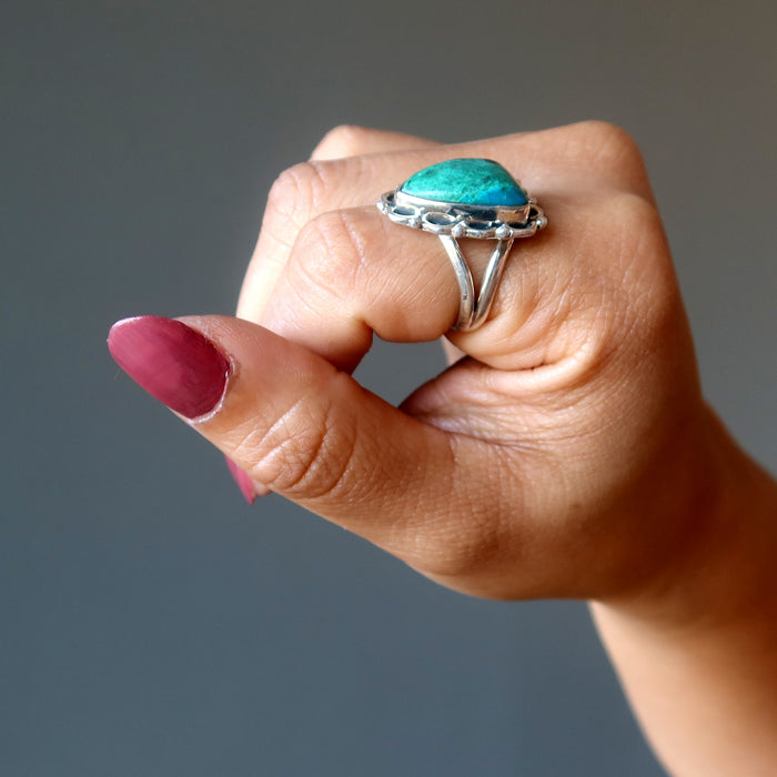 Chrysocolla Ring Blue Sculpture on my Finger Sterling Silver