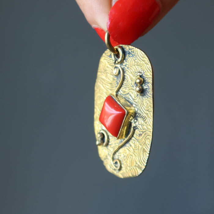 Red Coral Pendant Sea of Spirituality Stone Gold Tibet Style