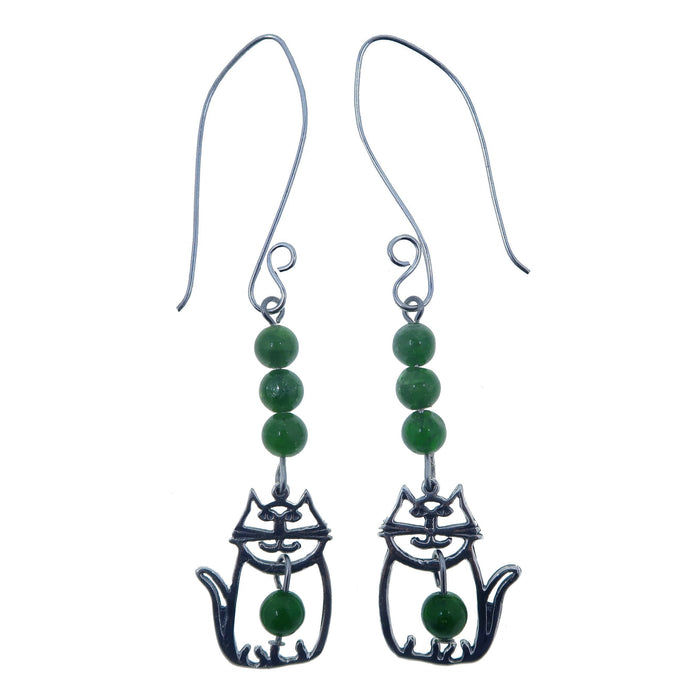 sterling silver cat and green diopside gemstone earrings