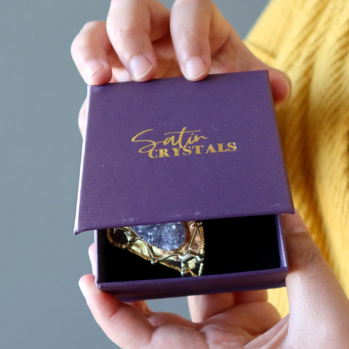 2.6 x 1.8 inches oval Druzy Amethyst Gold Leaf framed Pendant  in gift box
